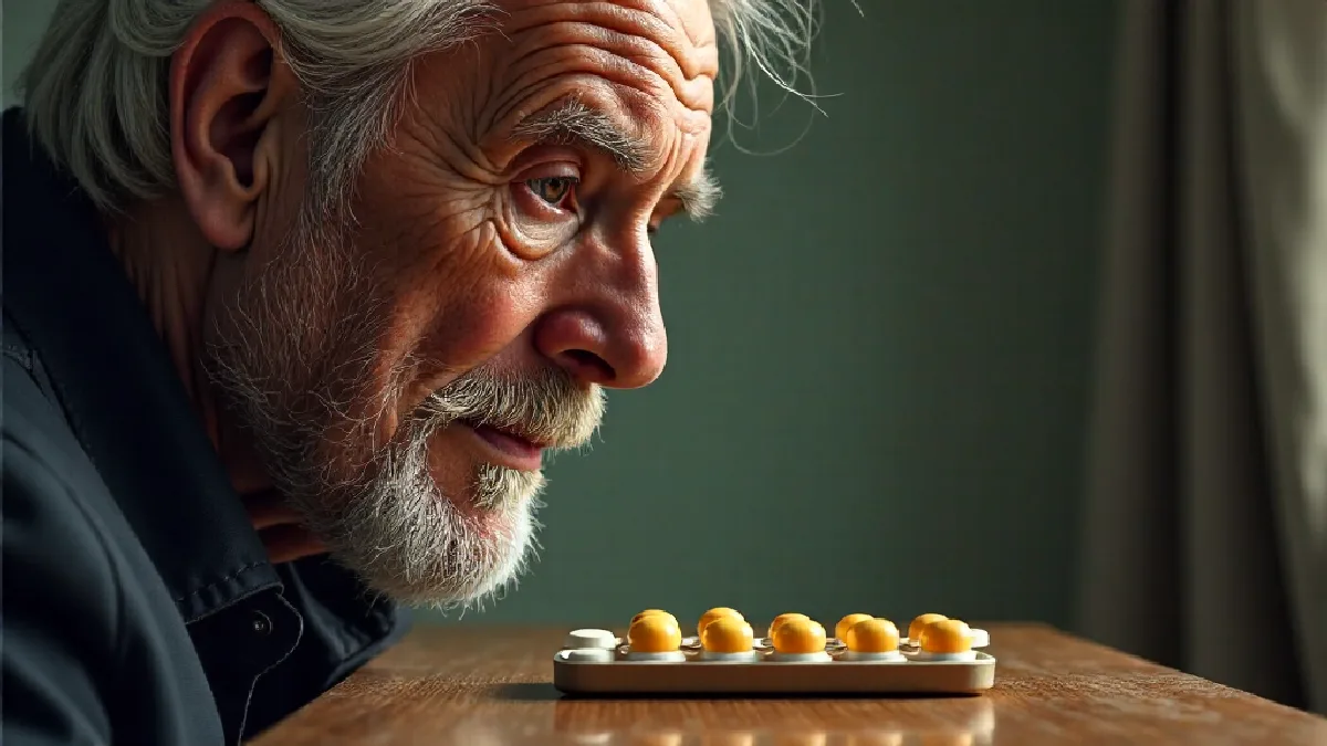 An older adult at home in warm daylight beside a medical cannabis tincture and a pill organiser on a kitchen table, illustrating the section on safety considerations and side effects.