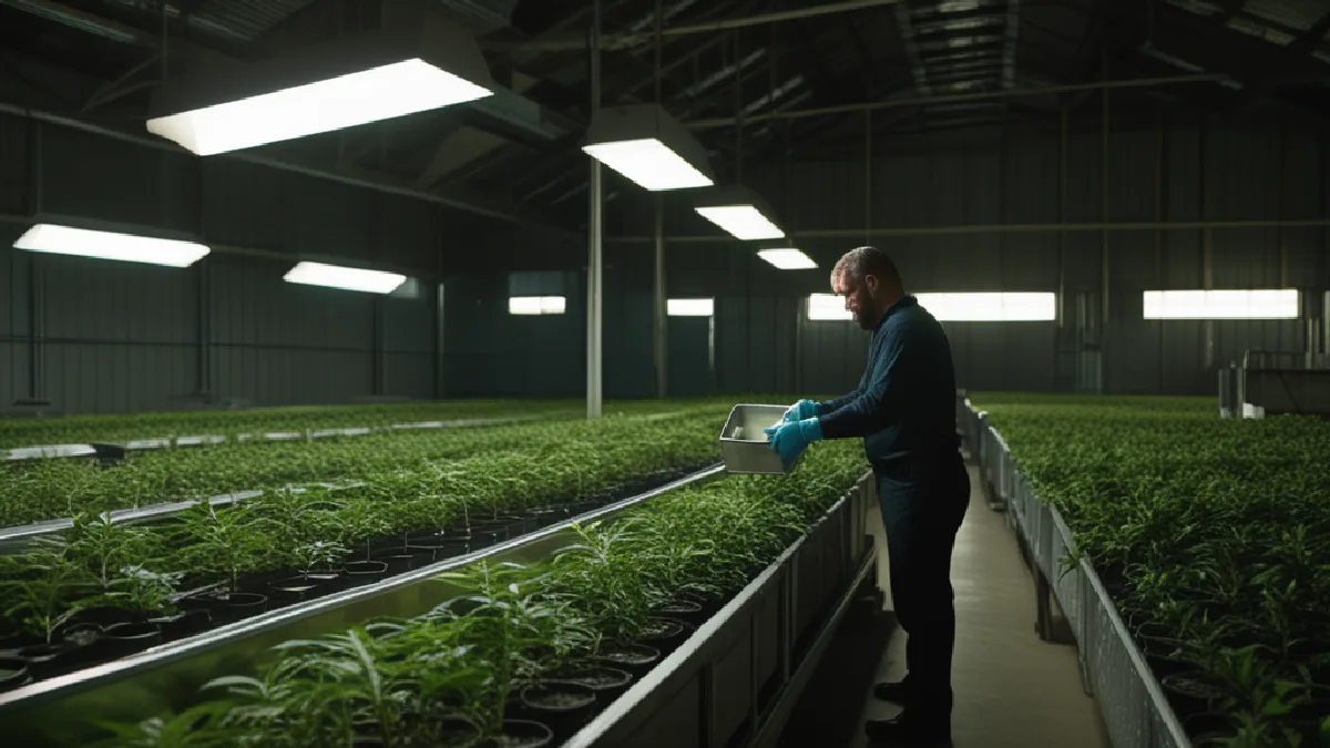 Gloved hands weigh a cash box against industrial equipment beside cannabis plants, symbolizing deal funding and financial risk.