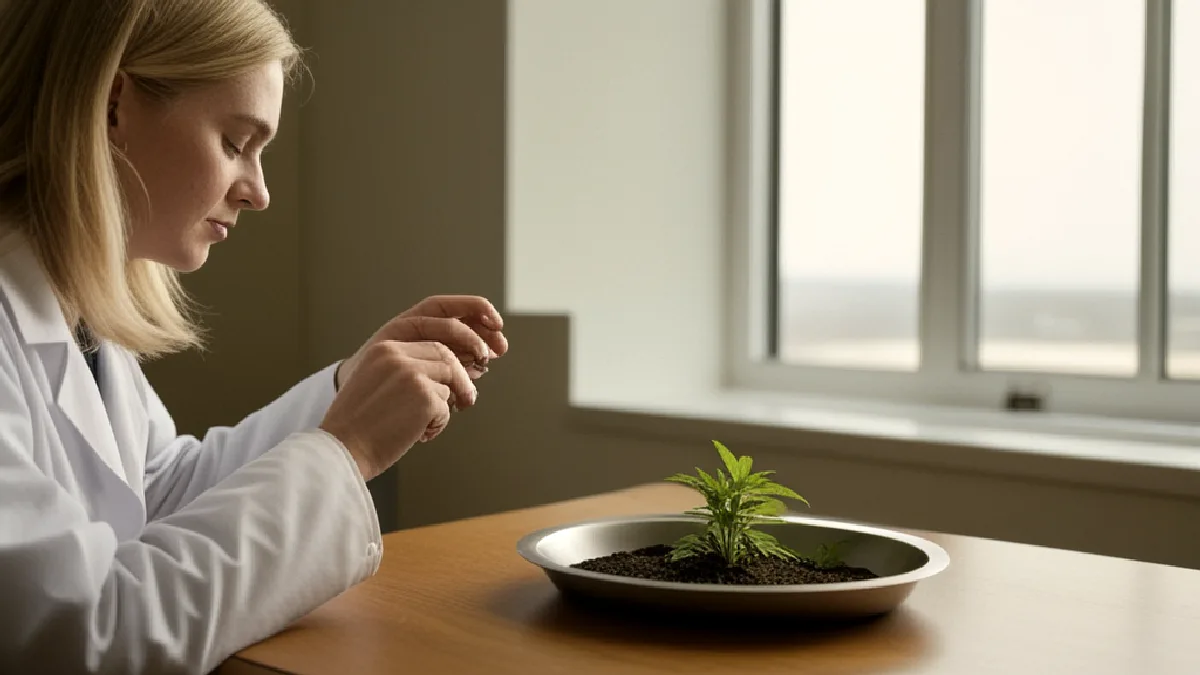 Un clinicien et un patient examinent un échantillon de plante de cannabis lors d’un échange médical privé.