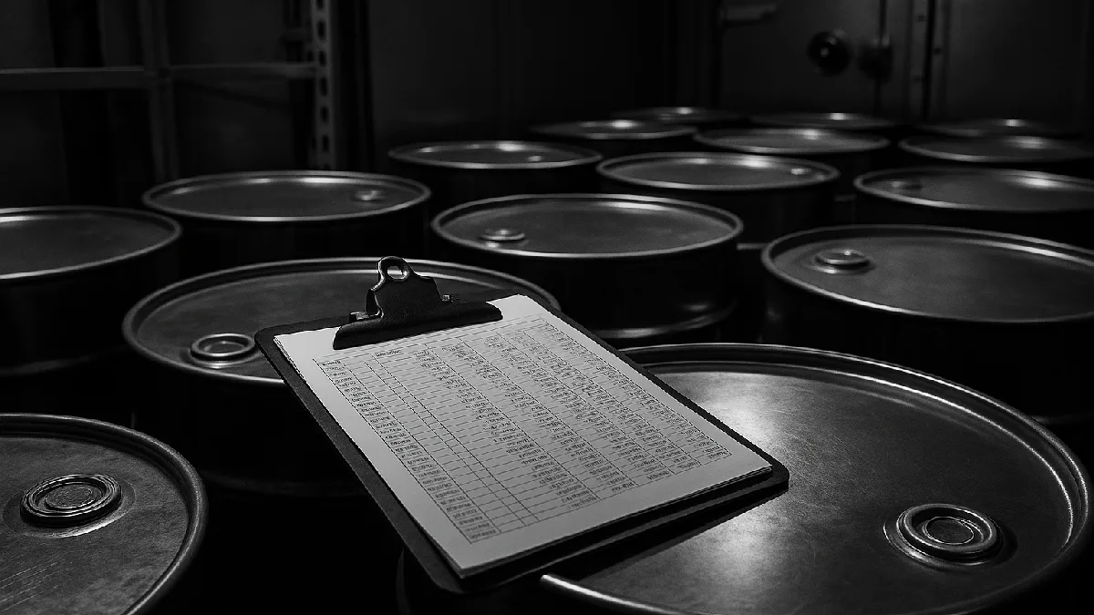 Financial audit clipboards sitting atop industrial cannabis storage containers in a warehouse vault, illustrating credit and liquidity management challenges.
