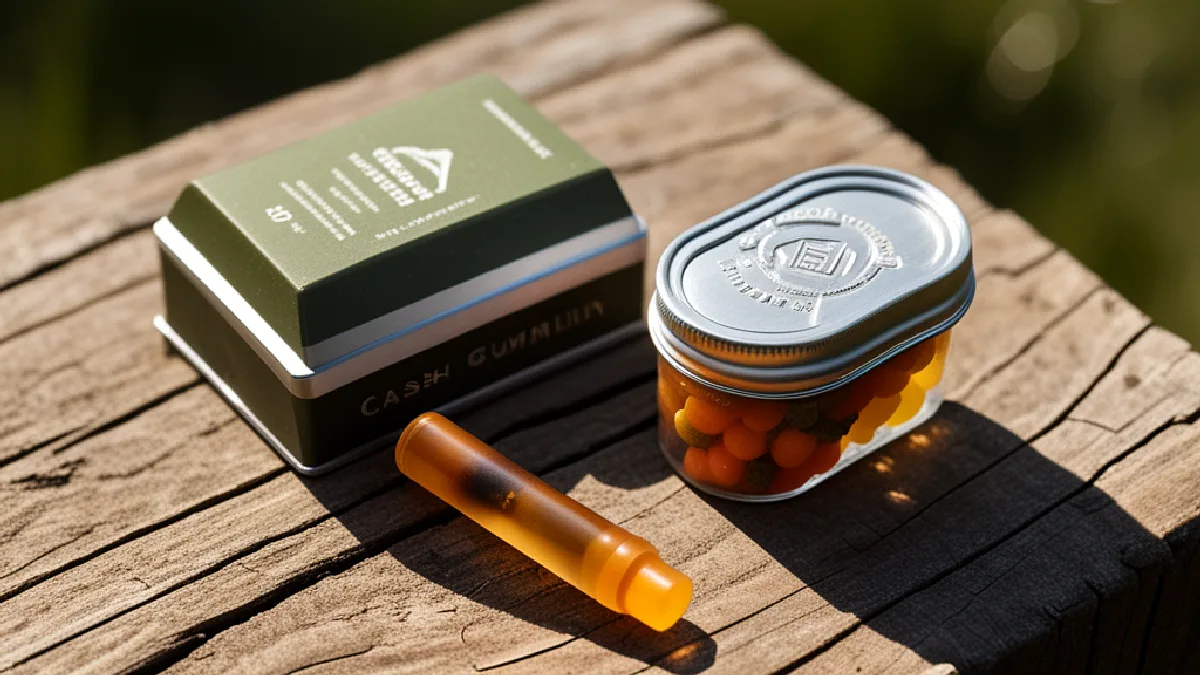 Unlabelled portable cannabis products sit beside hiking gear on a weathered outdoor table.