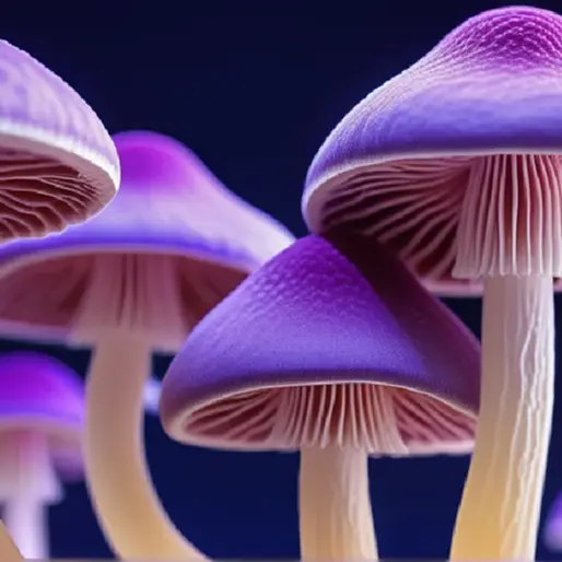 Glowing molecular model of serotonin receptors against a blurred background of botanical mushroom gills in a modern laboratory setting.