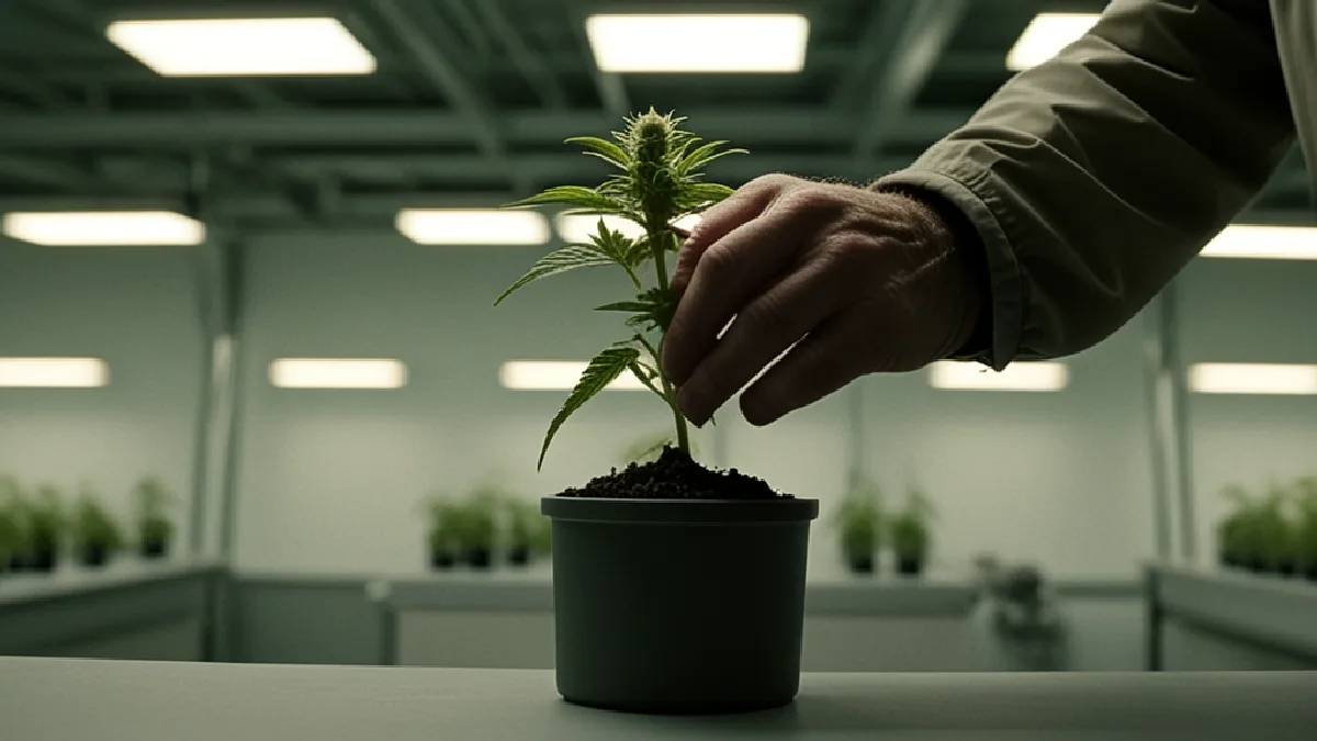 Gloved hands inspect flowering cannabis in a controlled grow room, linking the plant to veterans’ medical-use support.