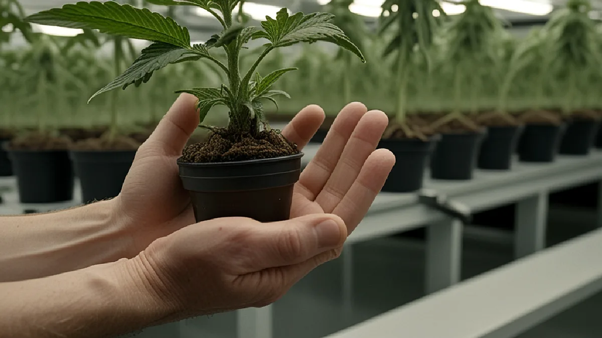 Gloved hands inspect flowering cannabis plants in a controlled room, showing why indoor canopy can support consistent premium supply.