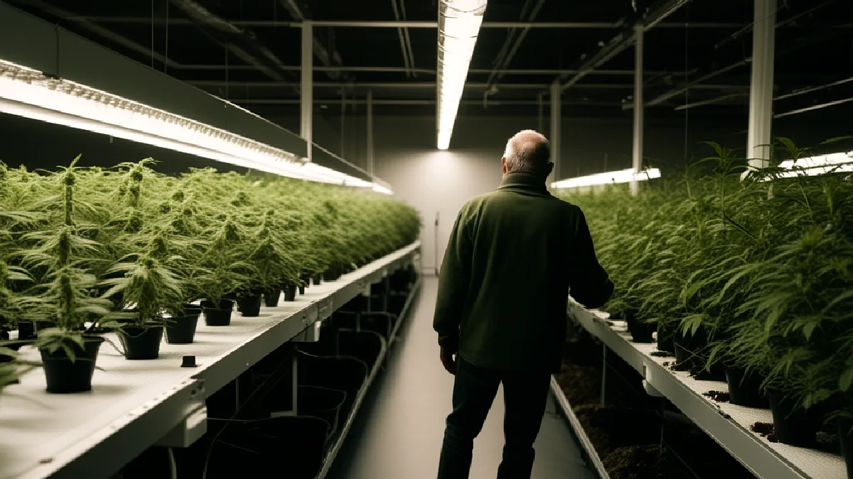 Workers inspect regulated cannabis plants, illustrating the legal market threatened by costly policy choices.