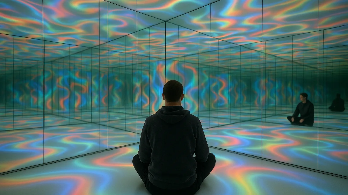 Seated participant experiences mirrored reflections and colored illumination in a controlled non-drug environment