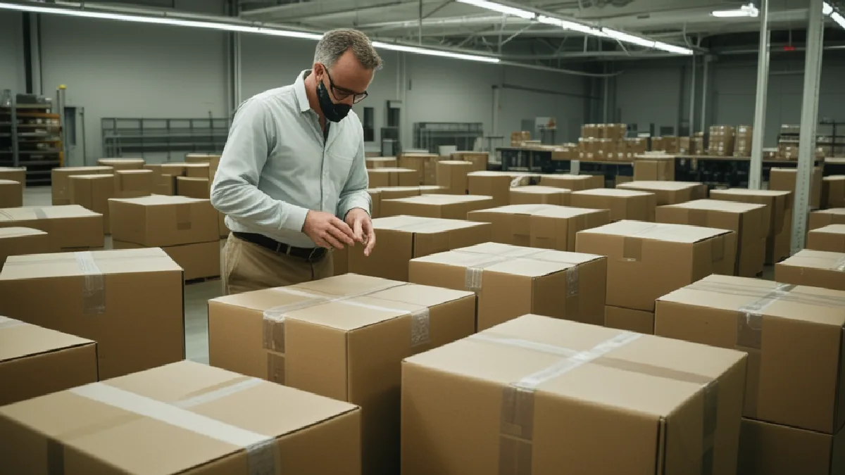 A worker moves sealed packages through a controlled fulfillment room, showing verification, security, and dispatch safeguards.