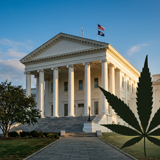 Virginia State Capitol building with cannabis leaf silhouette, representing Virginia hemp law changes in August 2026