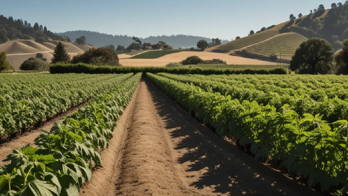 A Sonoma dispensary entrance looks toward distant cultivation fields, illustrating separation between farm visits and retail.