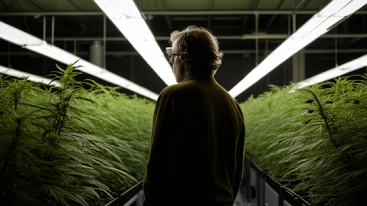 A worker inspects mature cannabis plants under grow lights as the 2025 tax treatment remains uncertain.