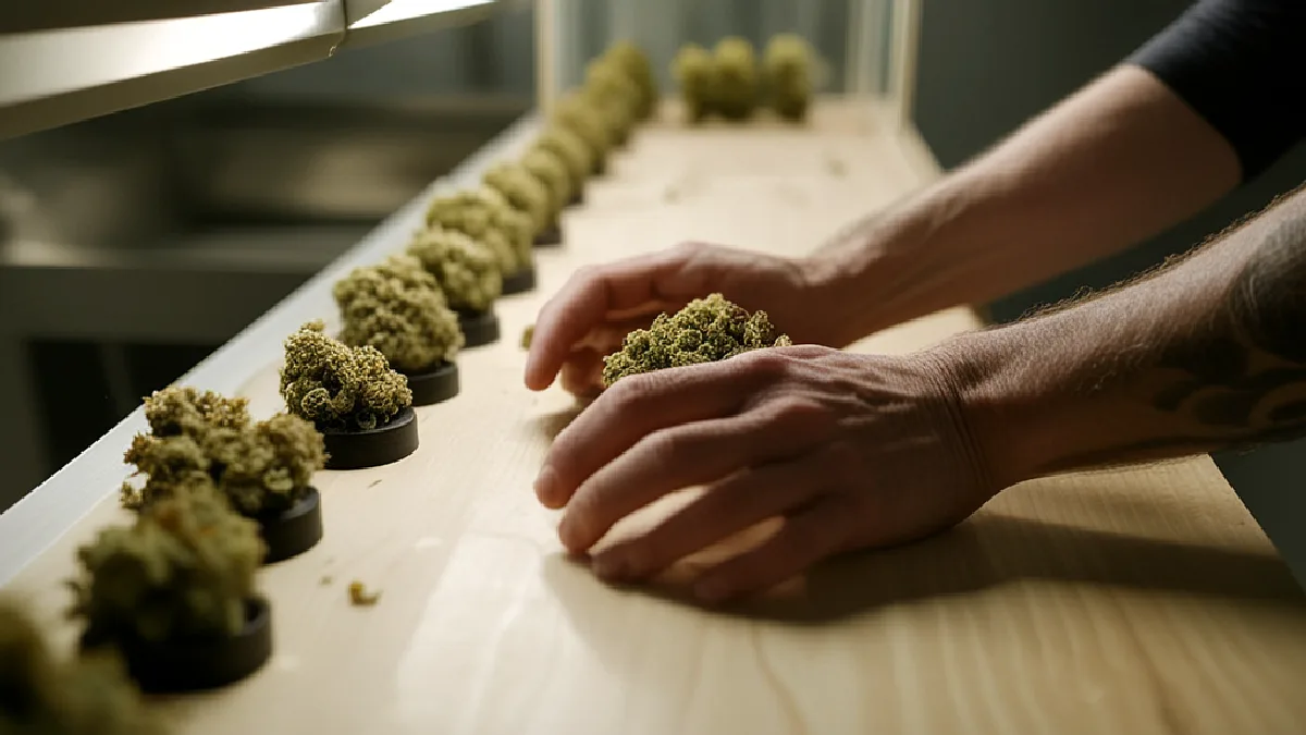 Trabajadores inspeccionan flores de cannabis juntos y visualizan la propiedad colectiva mientras los empleados aumentan el valor de la empresa.