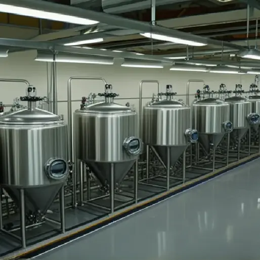 Wide shot of a clean commercial cannabis processing laboratory with stainless steel extraction columns and pressure gauges, depicting facility safety and operational scale.