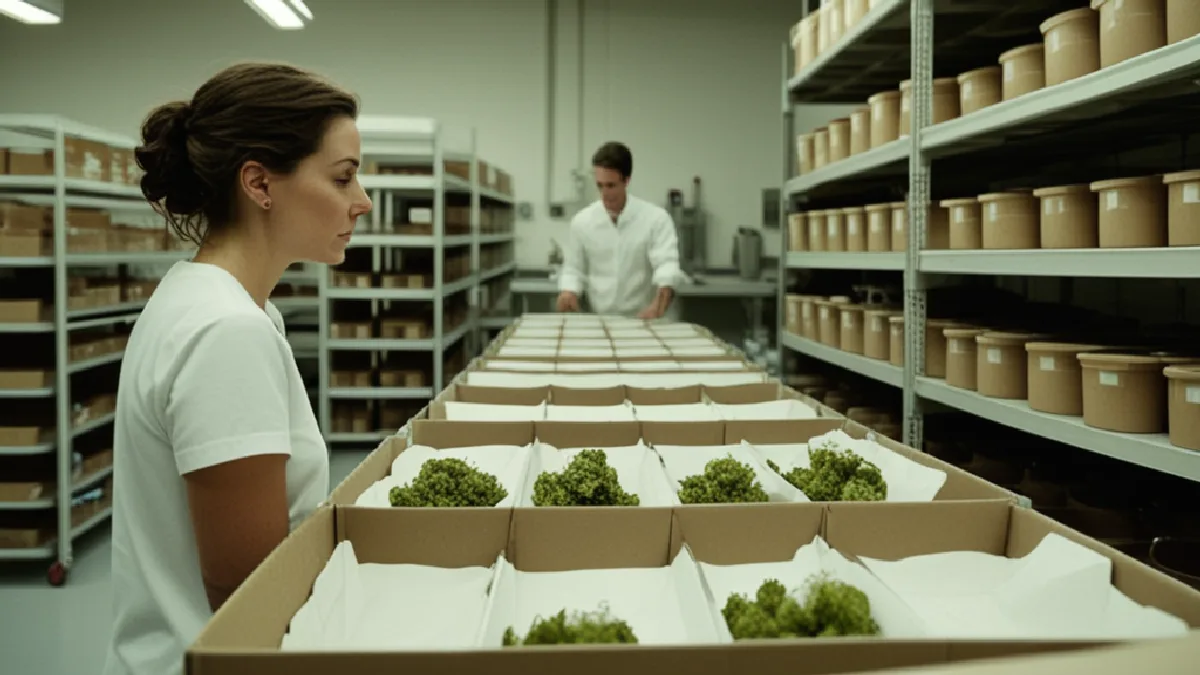 A worker groups cannabis packages into a larger basket, showing how delivery operators protect economics through order building.