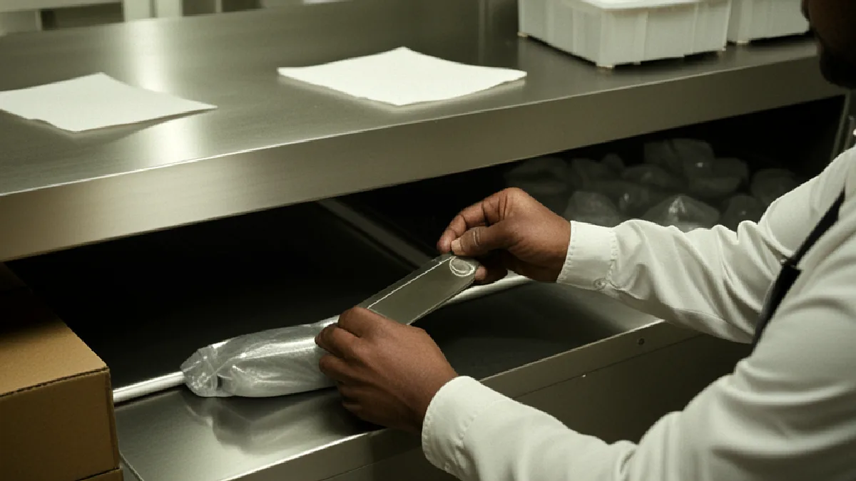 Gloved hands prepare a sealed cannabis order beside verification equipment in a dispensary fulfillment room.