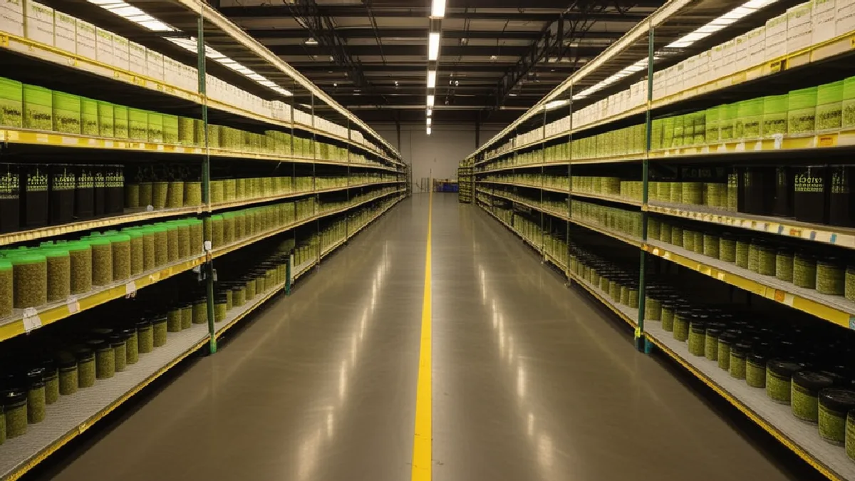 Plain child-resistant containers line warehouse shelving, reflecting conservative packaging standards across state markets.