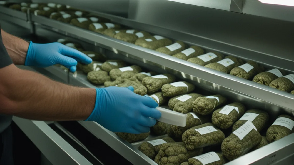Gloved hands secure an unmarked package in dispensary storage, illustrating routine handling and chain-of-custody controls.