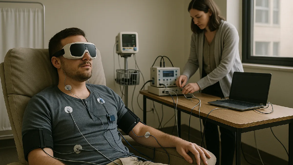 Clinician monitors a reclining participant during a sensory research session with protective equipment in place