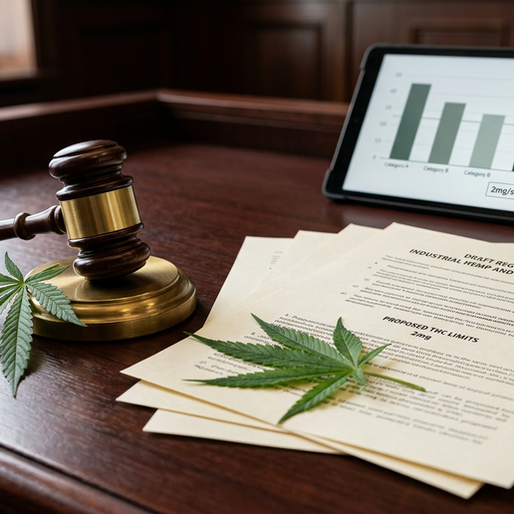 Courtroom gavel with hemp leaves and draft industrial hemp regulations document showing proposed 2mg THC limits