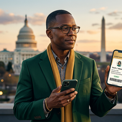 DC resident holding a phone showing a cannabis patient registration card, with the US Capitol dome and Washington Monument in the background at golden hour