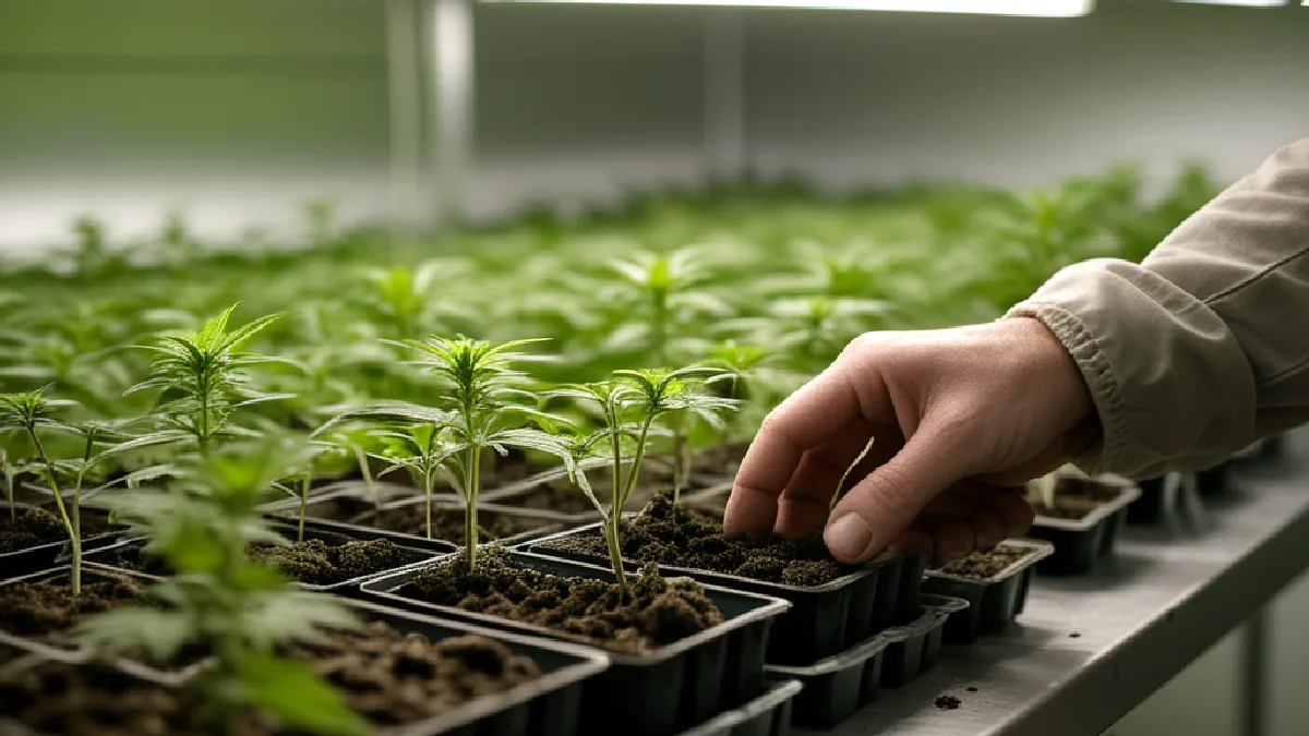 Gloved hands inspect young cannabis plants in a private breeding room, evoking MAC’s community-rooted origins.