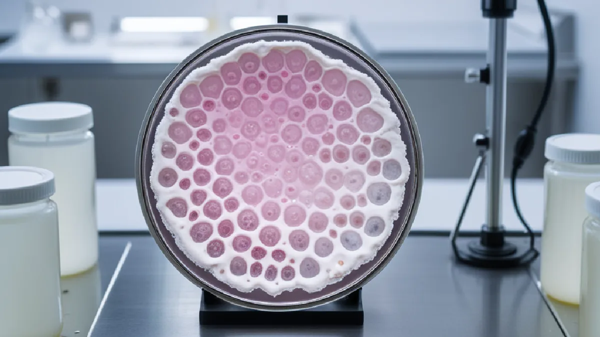A close-up view of an agar petri dish showing fungal culture colonies, illustrating microbial screening methods for plant pathogens.