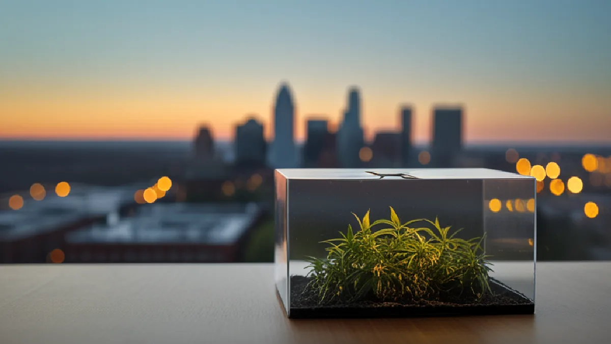 modern office interior at dusk with city skyline beyond the glass in Maryland, illustrating why is nida rethinking cannabis addiction and potency risks