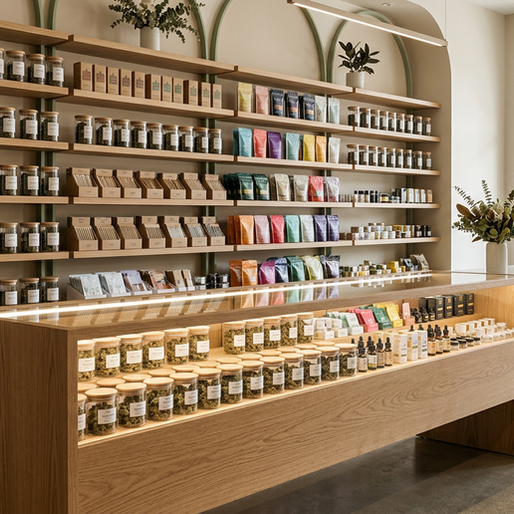 Interior of a modern licensed Maryland cannabis dispensary with retail shelves of products