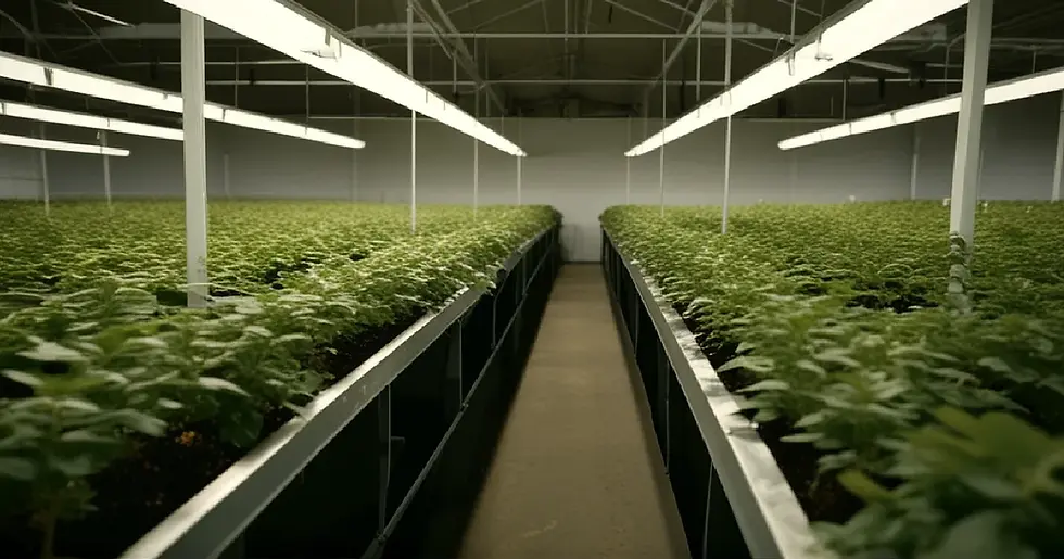 Workers inspect mature cannabis plants inside an Edmonton cultivation facility amid a major corporate takeover dispute.