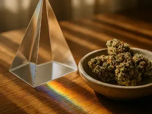A glass prism refracts natural sunlight onto a dish with cannabis flower, illustrating the conceptual refraction of perception and self-awareness.