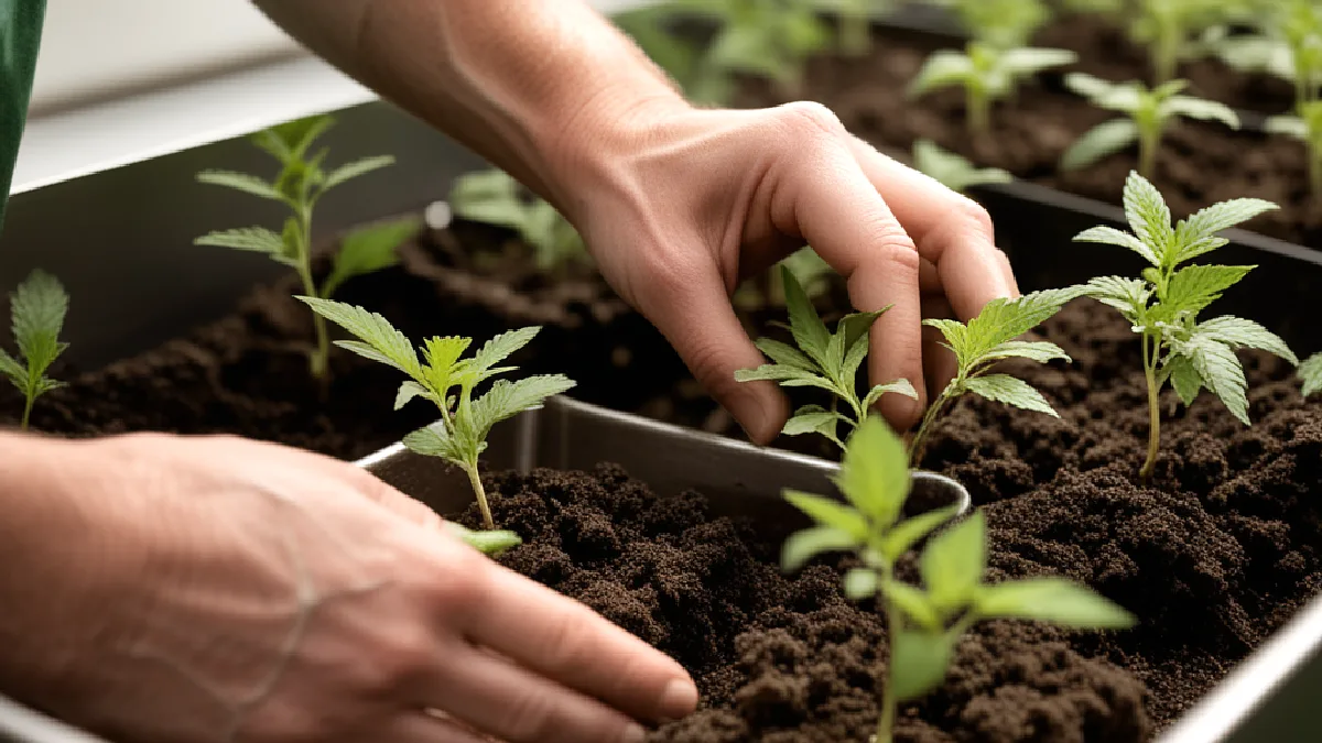Gloved hands tend cannabis seedlings in a shared grow space, representing equitable participation in the legal industry.