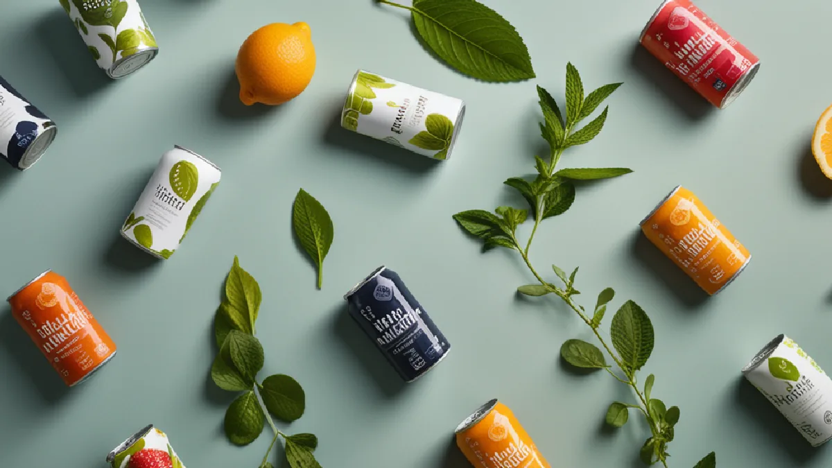 Colorful unlabeled seltzer cans and measured serving glass illustrate Highlandia’s format and dosing approach.