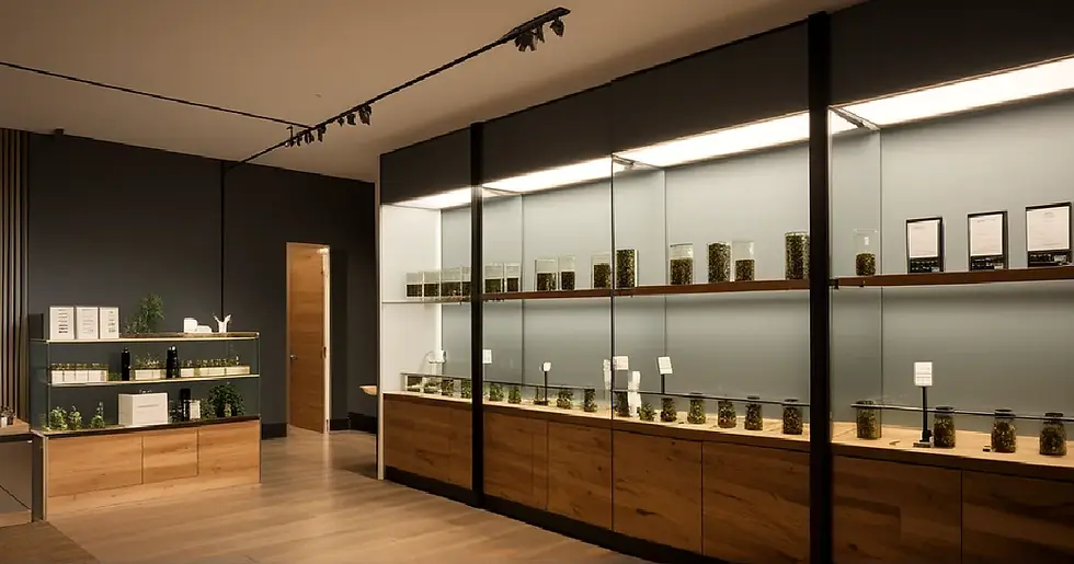 A faceless shopper considers curated cannabis products inside a polished dispensary retail space.