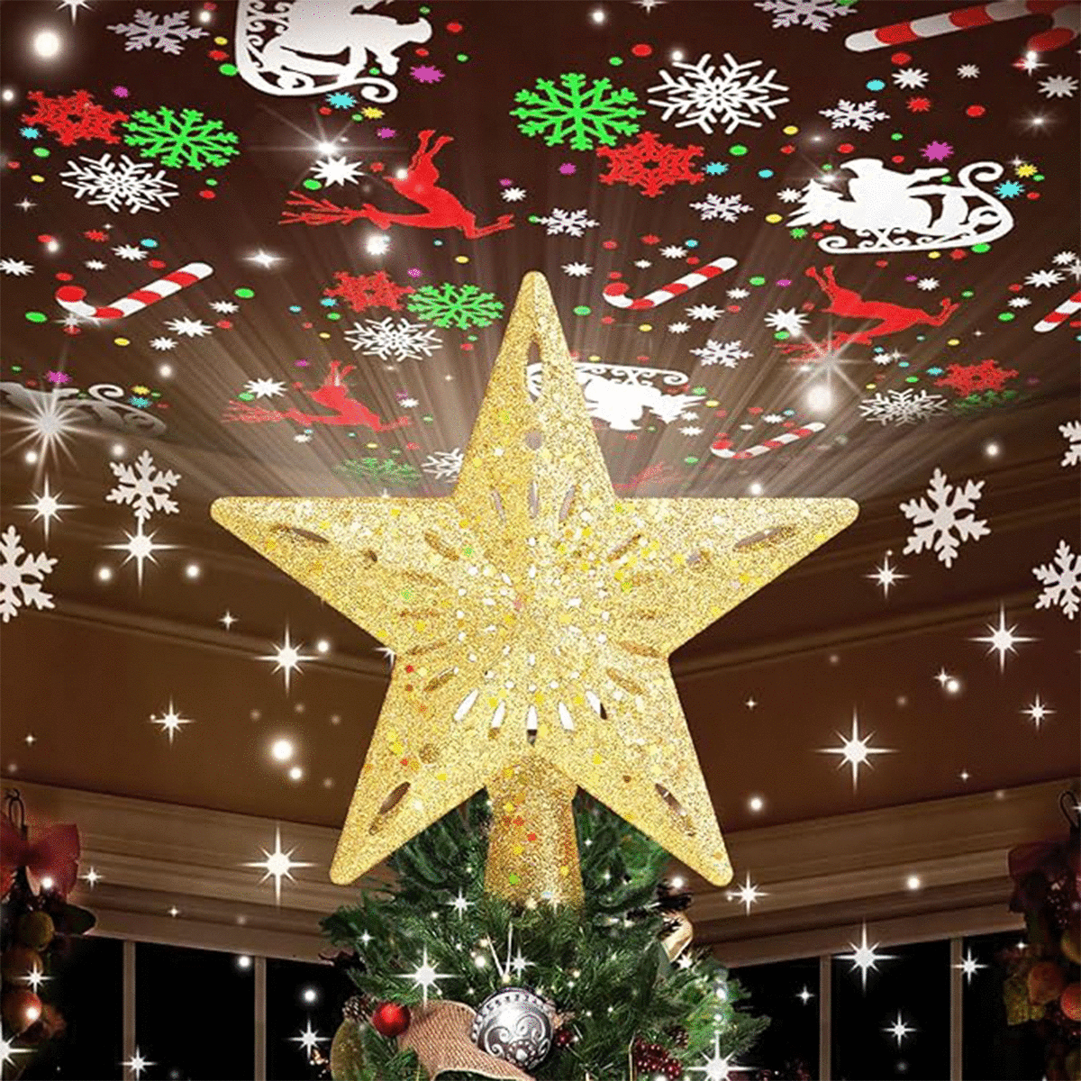 Christmas Star Tree Topper with LED Rotating Lights