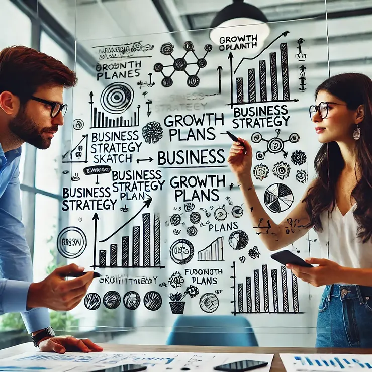 Two business partners brainstorming ideas in a modern office, standing in front of a whiteboard filled with business strategy sketches, growth plans, and financial charts. Highlights the importance of planning, collaboration, and aligning visions in a partnership to drive business success