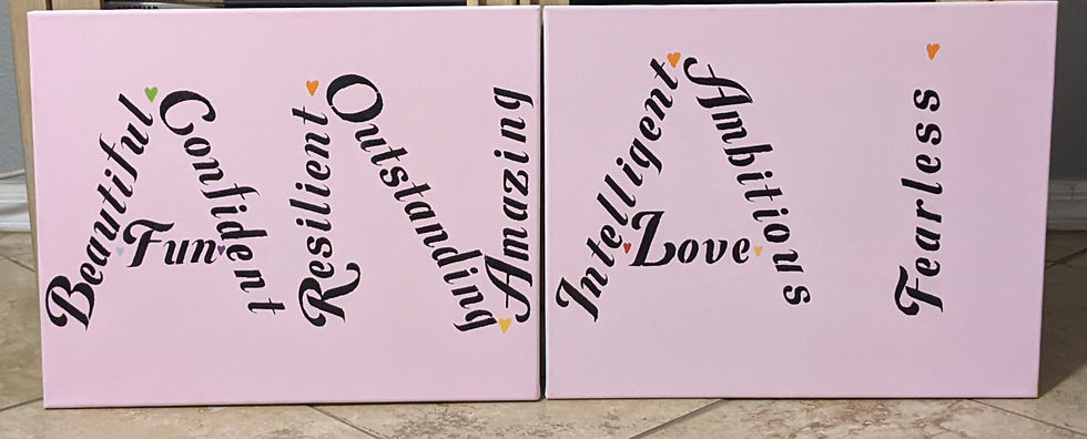wall art with light pink paint and a girl's name and affirming words created from stencils