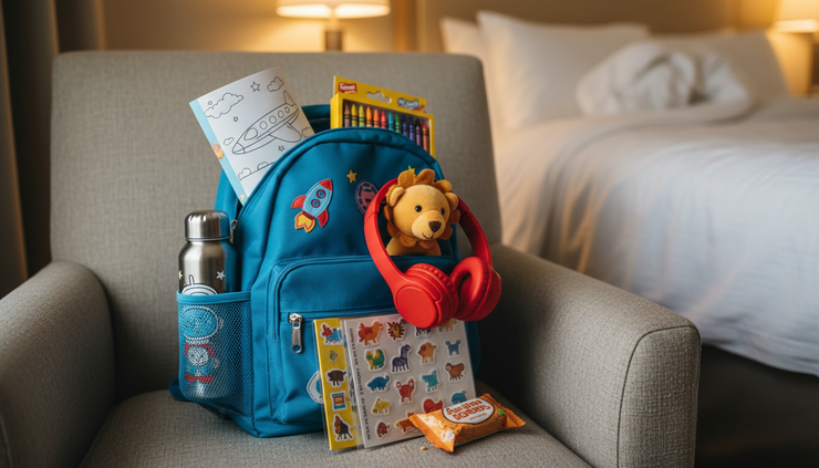 Close-up view of a child’s travel backpack with books, snacks, and headphones.
