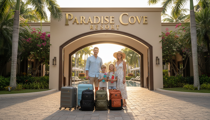 Wide-angle view of a family standing beside organized luggage near a sunny resort entrance.