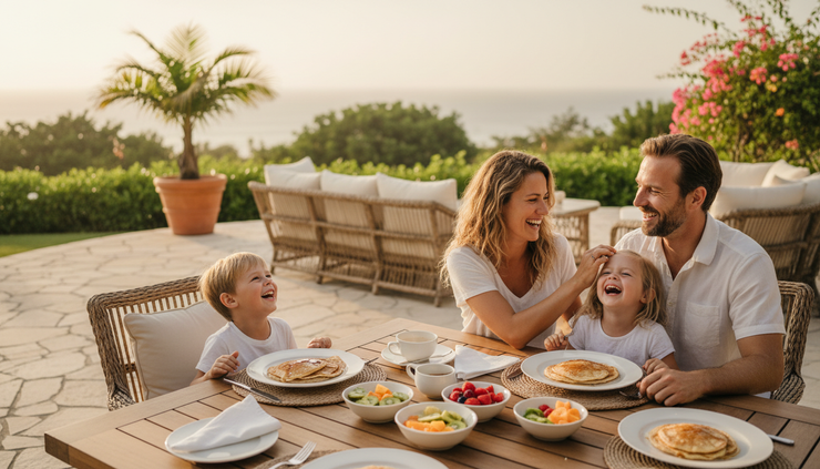 Eye-level view of a family laughing together over breakfast on a vacation patio