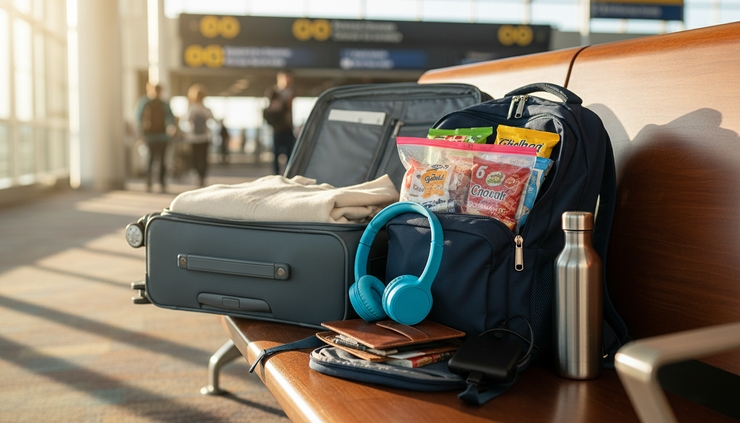 Eye-level view of a family carry-on bag packed with snacks, headphones, and travel documents.