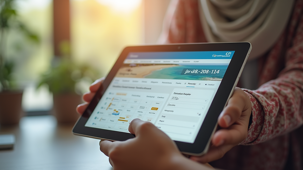 Close-up view of a tablet displaying a family vacation booking interface