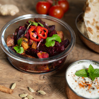 Sri Lankan Beetroot Curry with Spicy Roast Sweet Potatoaes.