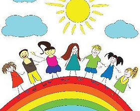 kids holding hands on a rainbow
