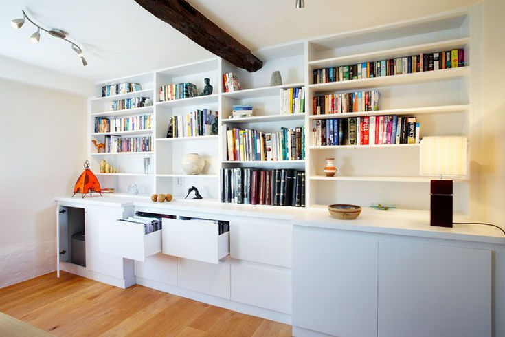 Bespoke office bookshelves,filing drawers and cupboards hand painted by myself in farrow and ball strong white