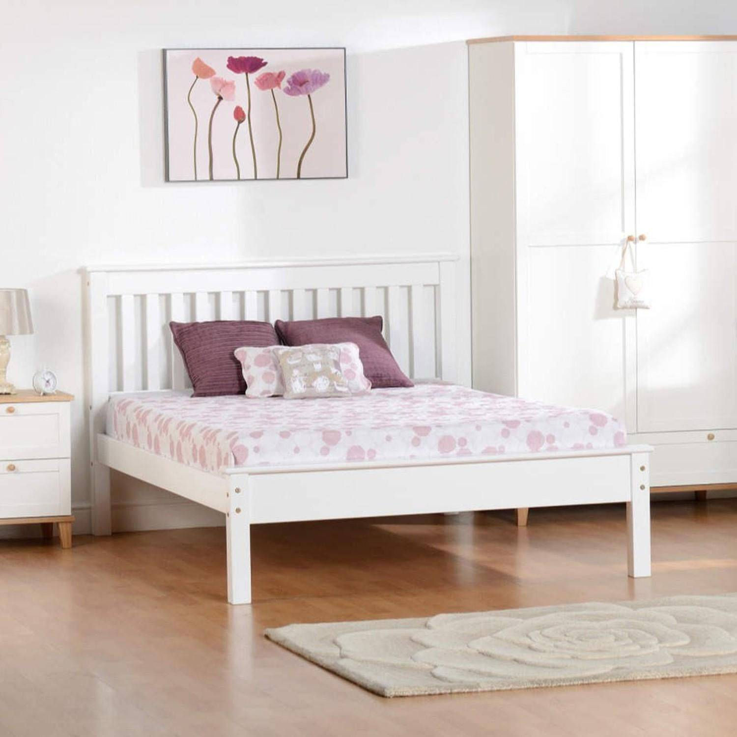 MONACO KING SIZE WHITE WOODEN BED FRAME LOW FOOT END