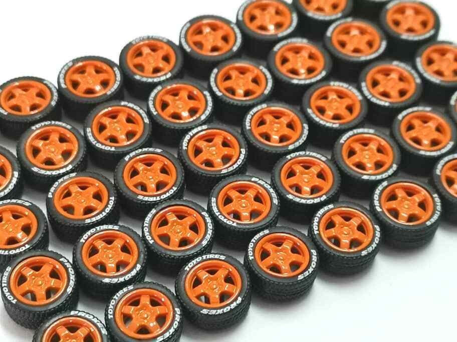 Miniature : Jantes T5 et pneus Real Rider TOYO PROXES + essieux 1 x jeu de roues Orange 1:64