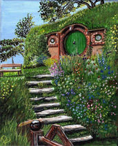Acrylic original painting by Donna Liguria called
Let's Go See the Hobbits features a Hobbit House in the Shire
