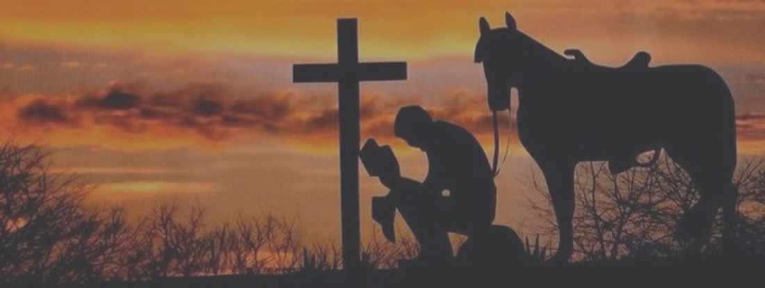 kneeling at the cross with his horse