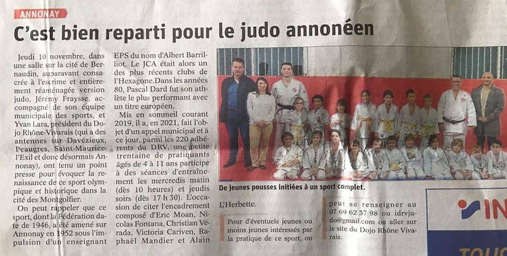 Dojo Rhône Vivarais article de journal retour du judo à Annonay