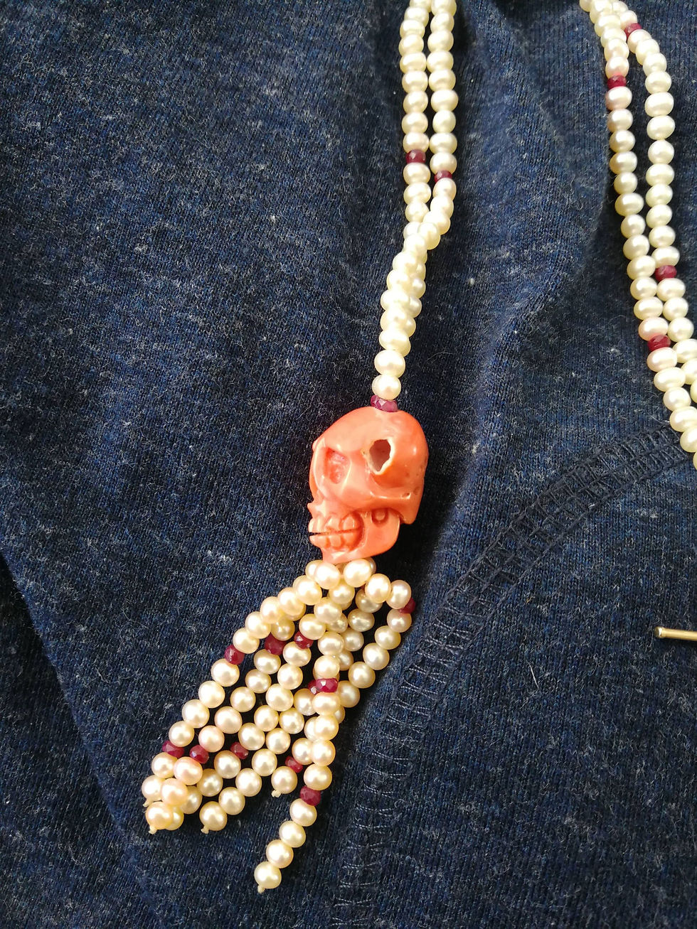 Thumbnail: Unusual Cultured Pearl and Rubies Necklace with Coral Skull Pendant