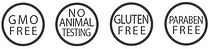 gmo free, no animal testing, gluten free, paraben free